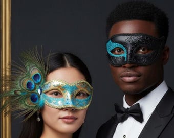 Turquoise maskerademaskers - Feestmaskers voor koppels Glitterdetail