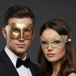 Gold Lace Masquerade Ball Mask Couples Set