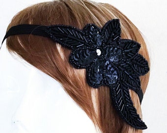 Black Flapper hair accessories women l Beaded Flapper Headband | Black Flapper Headpiece l Floral Beaded handband women