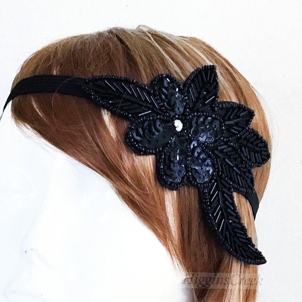 Black Flapper hair accessories women l Beaded Flapper Headband | Black Flapper Headpiece l Floral Beaded handband women