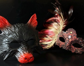 Red & Black Couple Masquerade Mask Set Wolf Mask and Feather Lace
