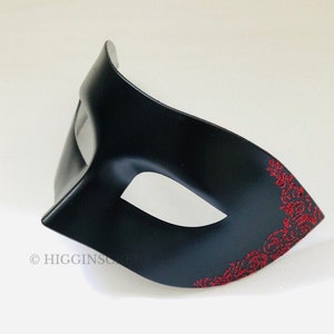Black Mens Masquerade Mask With Red Filigree, Black Mens Mask, Red Mens Masquerade Ball, Halloween Mens Mask, Venetian Mask Ball, Mens Mask