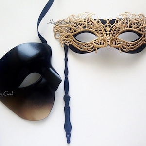 Couples Simple Black Mask on Stick, Phantom Masks, Black Tie Events, Formal Masquerade, His and Hers Masquerade Mask Set