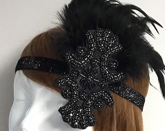 Black feather flapper Headpiece | Roaring 20's Hairpiece | women black headband with feather