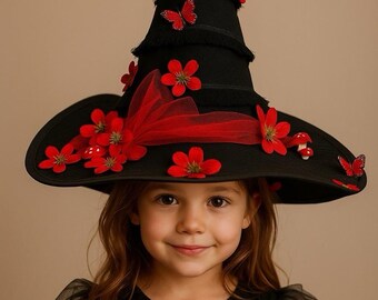 Halloween Kids Witch Hat – Black Corduroy Witch Hat with Red Butterflies, Flowers & Mushrooms for Cosplay or Festival Accessory