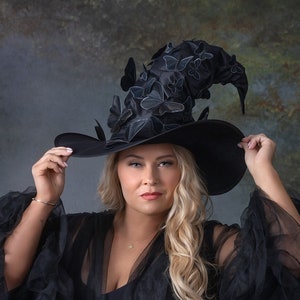 Adult Halloween Witch Costume Black Pointy Wide Brim Witch Hat image 1