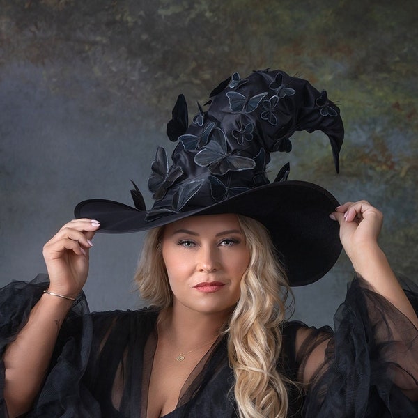 Black Witch Hat, one-size, cone-shaped wide brim hat