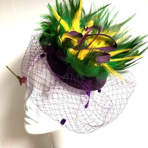 Mardi Gras Fascinator Feather Fishnet Veil  Purple green gold Mardi Gras hat