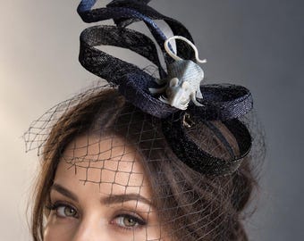 Black Mouse Fascinator with Veil, Gothic Halloween Headpiece