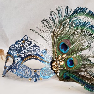 HigginsCreek Masquerade Mask Women, Luxury Peacock Feather Mask, Mardi Gras Mask, Venetian Masquerade Mask Gold Navy theme image 1