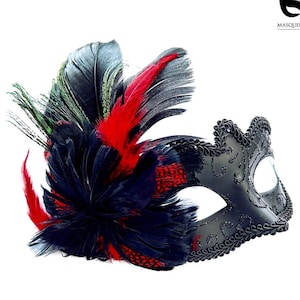 Black Red Masquerade Mask Womens Feather Venetian Mask, Prom Mask, Gala Mask, Masquerade Party Mask, Masked Ball, Costume Party Mask