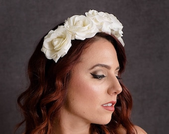 White Rose Head Piece, Rose Garland, Flower Crown, Photography Prop, Woodland Headpiece, Womens Flower headband