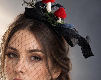 Witchwood Mushroom Fascinator, Red Mushroom Veil Halloween Headpiece