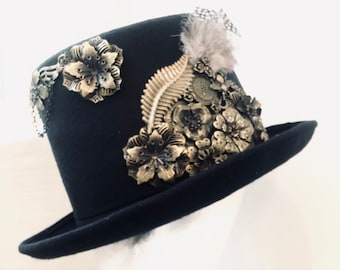 Sombrero de copa negro estilo steampunk neovictoriano