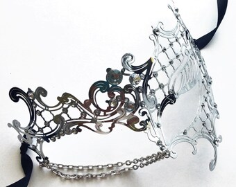 Silver Masquerade mask, Sexy Metal Mask Halloween Mask Masquerade Mask for Women, opera Mask with Chains