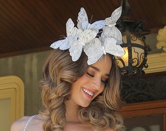 Silver white butterfly fascinator, derby Hat, butterfly headband butterfly headpiece butterflies Halo whimsical photo props butterfly hat