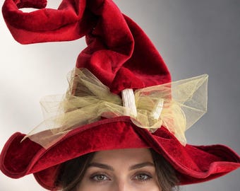 Crimson Gold Witch Hat, Red Velvet Halloween Costume Hat