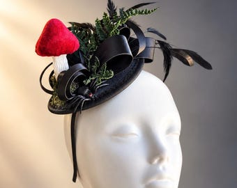 Black Halloween Fascinator - Red Mushroom and Fauna