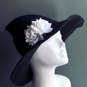 Halloween Costume - Black Witch Hat White Rose - Woolblend Witch Hat Cosplay - Pointed Wide Brim Witch Hat - Good Witch Hat