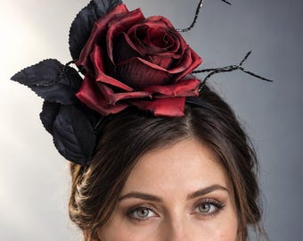 Burgundy Rose Fascinator Headband, Gothic Floral Headpiece for Halloween