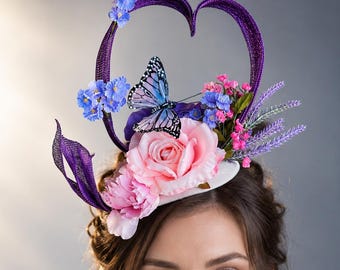 Purple Heart Fascinator with Pink Roses, Butterfly Floral Headpiece for Weddings