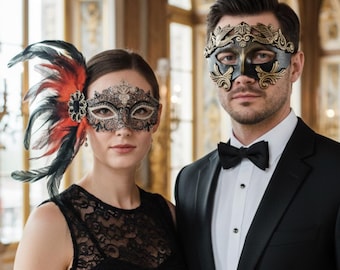 Roman Warrior & Orange Feathers Couples Masquerade Mask Set