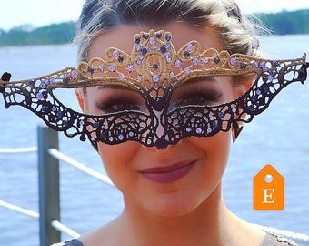 Gold Lace Masquerade Mask, Rhinestone Mardi Gras Mask