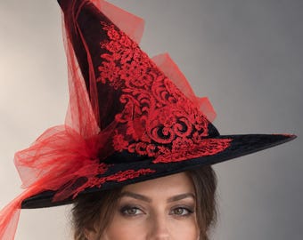 Black Witch Hat with Red Floral Lace and Tulle, Adult Halloween Costume
