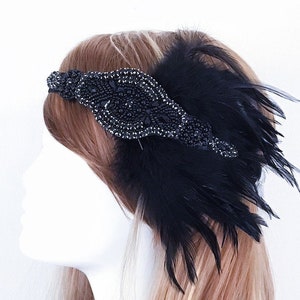 Black Flapper Girl Headpiece Roaring 20's Headpiece Black Headband With Feathers With Elegant Events Masquerade Black Tie Events image 2