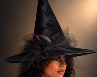 Black sparkle Witch Hat with Glitter Tulle and Gothic Feather Accents, Halloween Costume Hat