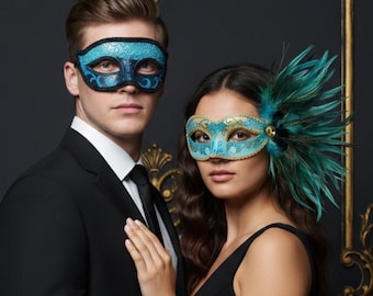 Teal Venetian Carnival Feather Couples Masquerade Mask Set