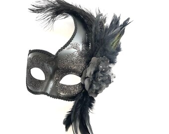 BLACK OPAQUE LACE HAND HELD MASK ON STICK PROM PARTY VENETIAN MASQUERADE