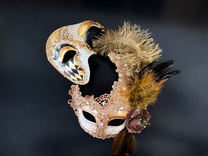 Ivory Gold Feather Lace Masquerade Mask Couples Set - Etsy UK