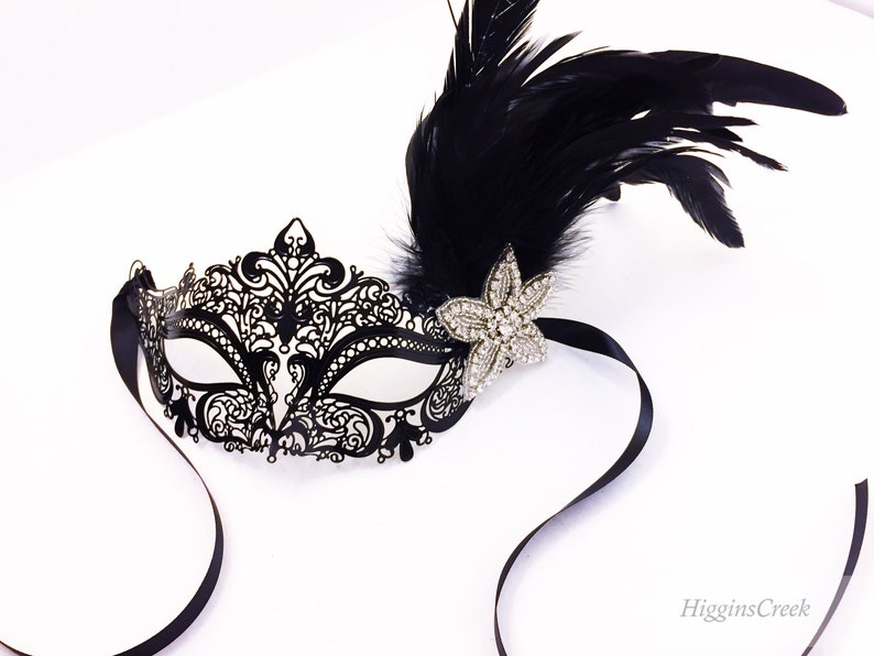 Black Tie event Masquerade Mask Women, Black feather mask, High quality elegant black venetian theme image 1