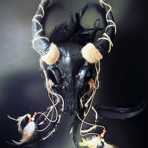Wicker man Skull headdress Gaelic festival samhain pagan ritual horn skull feather headpiece Druid viking headwear Ram Horn Deer Antler All Black