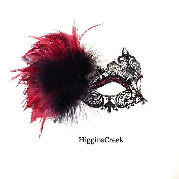 Burgundy feather masquerade mask woman, filigree metal masquerade mask with burgundy feathers and rhinestones