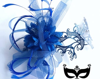 Blue Feather Masquerade Mask, Blue Feather Masks, Blue Mardi Gras Masks, Blue Masquerade Ball, Feather Mask Royal Blue Black
