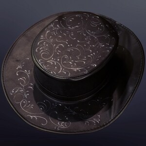 May include: A black leather cowboy hat with a silver floral design.