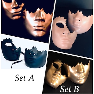 K&ouml;nnte beinhalten: Vier S&auml;tze mit jeweils zwei halben Masken, jede in einer anderen Farbe. Set A ist schwarz, Set B ist gold, Set C ist nude und Set D ist kupfer. Jede Maske hat einen gezackten Rand und ein menschen&auml;hnliches Gesicht.