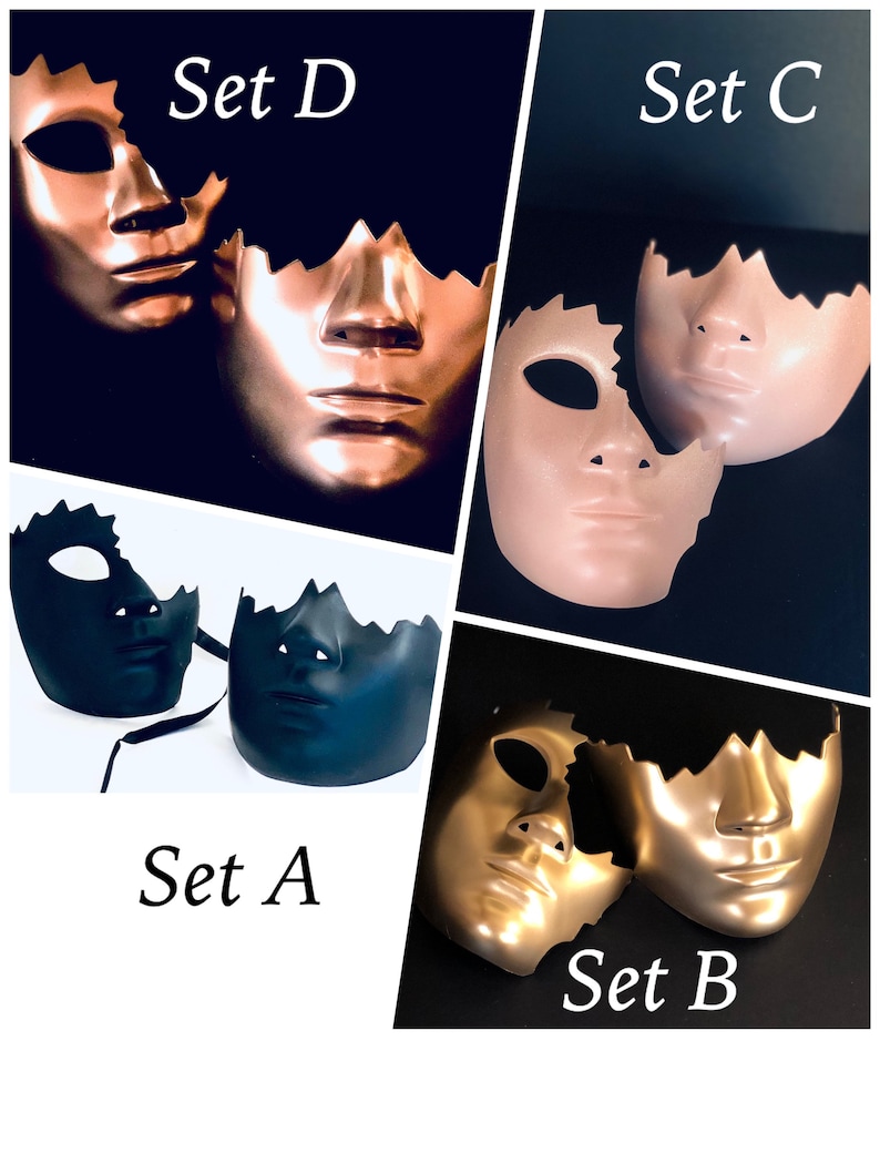 K&ouml;nnte beinhalten: Vier S&auml;tze mit jeweils zwei halben Masken, jede in einer anderen Farbe. Set A ist schwarz, Set B ist gold, Set C ist nude und Set D ist kupfer. Jede Maske hat einen gezackten Rand und ein menschen&auml;hnliches Gesicht.