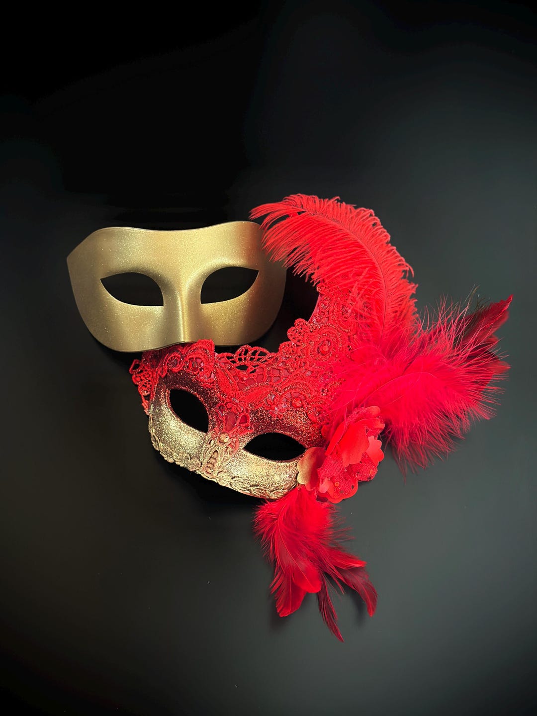 Red & Gold Venetian Masquerade Party Mask Pair With Feathers - Etsy
