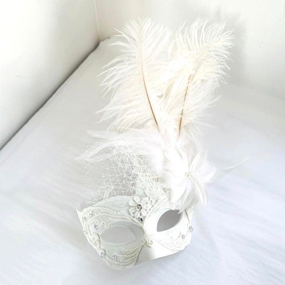 White Stick Feather Masquerade Ball Mask Pair Costume Engagement Wedding Party 