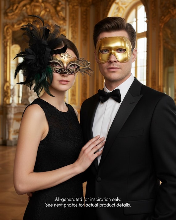 masquerade black and gold dress Mardi Gras Feather Mask Couples Set Lovenis