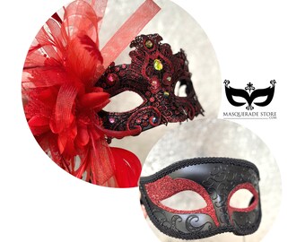 Red masquerade Masks Couples Party Masks, Masquerade Ball, Costume Party, Masquerade Masks, Masquerade Womens Masks With Feathers