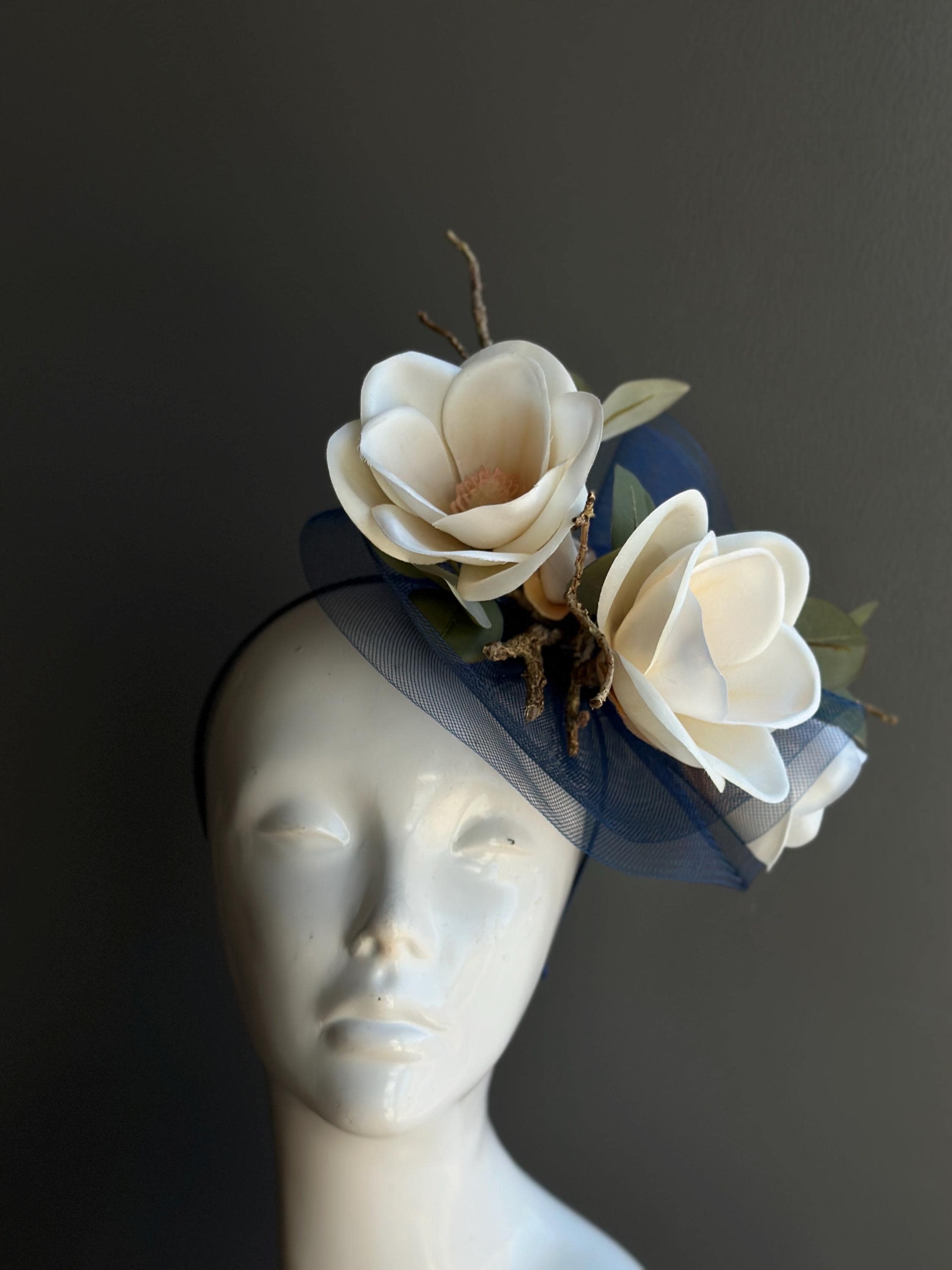 Handmade Floral Fascinator Headpiece with Blue and White Flowers kentucky derby hat fascinator royal blue satin with netting  main image 3