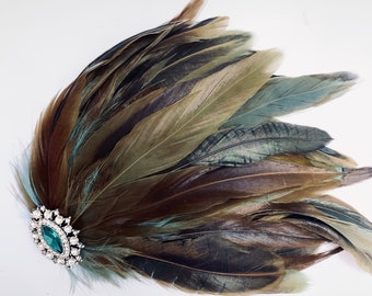 Rustic Olive green light blue feather hairpiece, feather headpiece, olivine green feather hair clip