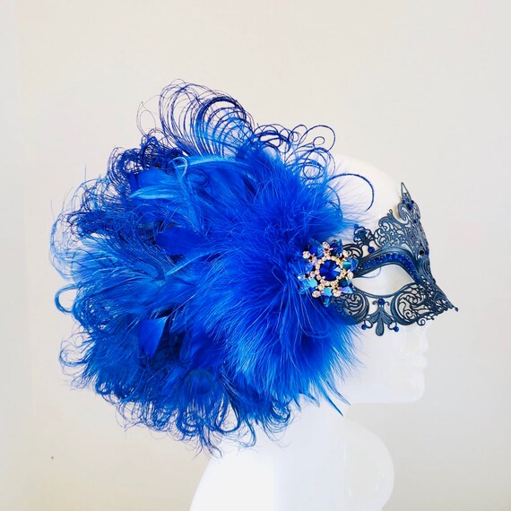 Femme bleu Mascarade Masque vénitien bal parti sur un bâton avec fleur plumes Femme bleu Mascarade Masque vénitien bal parti sur un bâton avec fleur plumes