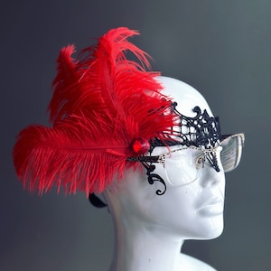 Red Masquerade Mask For Eyeglasses - Red feather mask - Eye Glass Masks - Adult Size