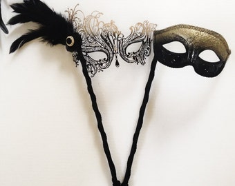 Stick Masks for couples Masquerade Men Women Couples Carnival Mask Pair, Metal and Glitter Venetian Masquerade Masks