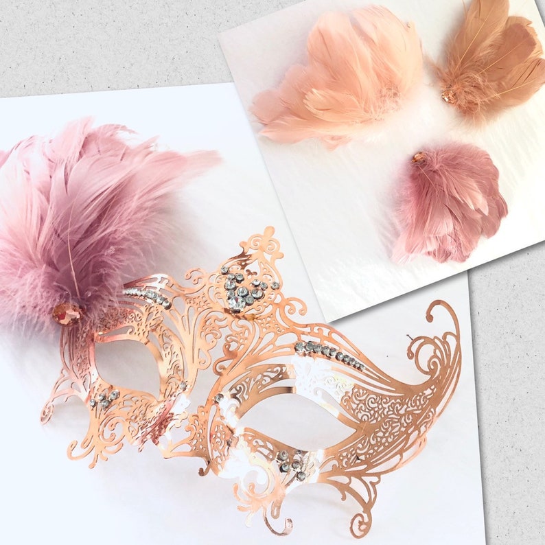 Rose Gold Women Masquerade Mask With Feathers Elegant Masks Etsy